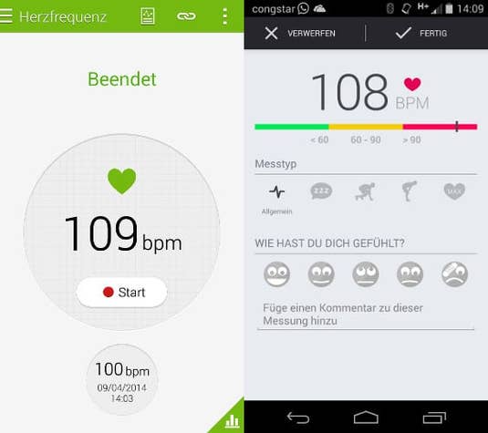 Pulsmessung links mit dem Galaxy S5 rechts mit der Heart-Rate-App von Runtastic