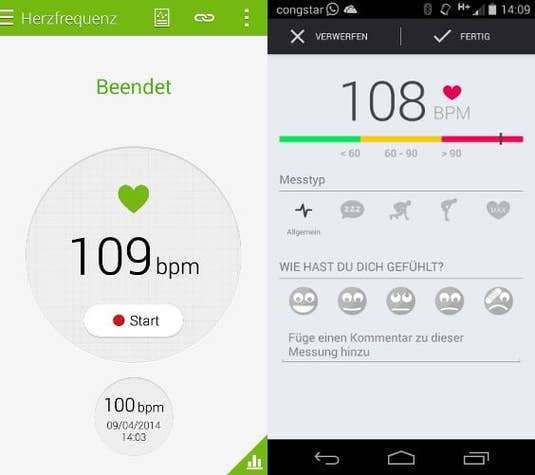 Pulsmessung links mit dem Galaxy S5 rechts mit der Heart-Rate-App von Runtastic Pulsmessung links mit dem Galaxy S5 rechts mit der Heart-Rate-App von Runtastic