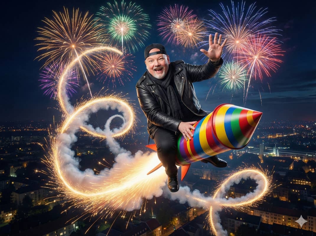 Mann fliegt auf einer Silvesterrakete.