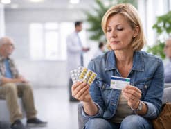 Eine Frau, die Medikamente und ihre Versichertenkarte in den Händen hält