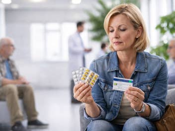 Eine Frau, die Medikamente und ihre Versichertenkarte in den Händen hält