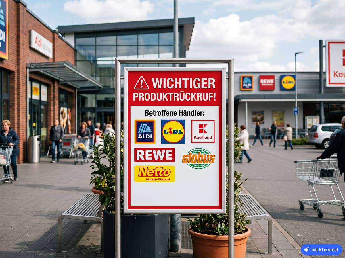 5 Rückrufe wegen eines Produkts – Gefahr durch Viren droht Parkplatz vor Supermärkten mit Warnhinweisschild über einen Rückruf bei mehreren Supermärkten und Discountern