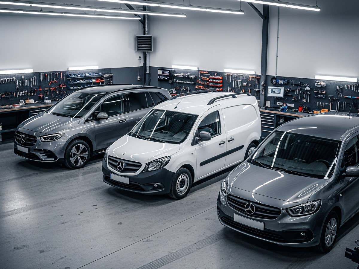 Autos in einer Werkstatt von Mercedes.