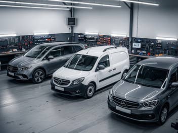 Autos in einer Werkstatt von Mercedes.
