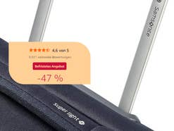 Detailaufnahme eines Koffers von Samsonite mit eingeblendeten Angebots-Informationen zu Amazon