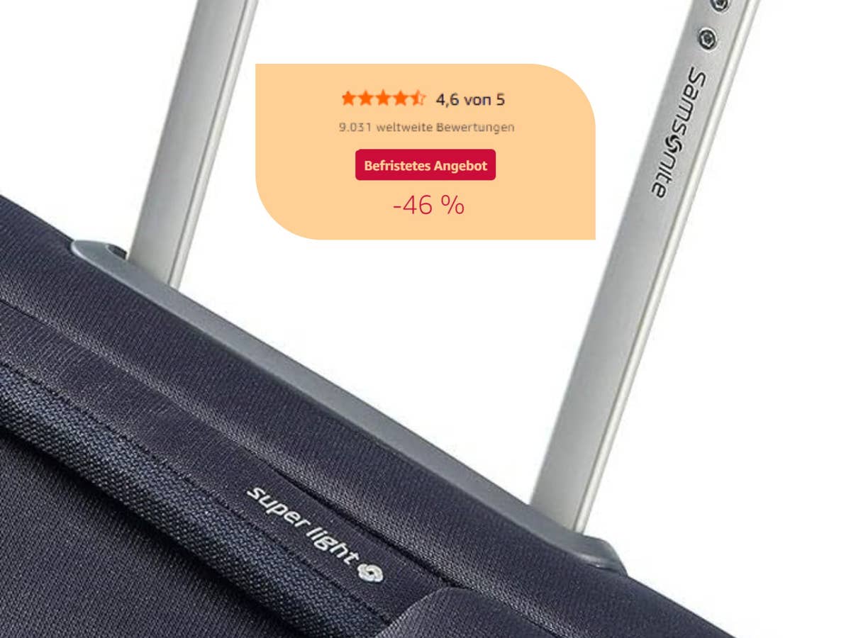 Detailaufnahme eines Koffers von Samsonite mit eingeblendeten Angebots-Informationen zu Amazon