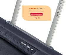 Detailaufnahme eines Koffers von Samsonite mit eingeblendeten Angebots-Informationen zu Amazon