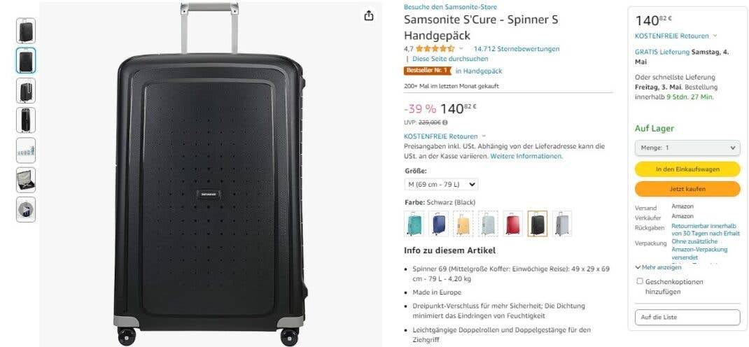 Der Samsonite S'Cure Spinner M Koffer im Angebot bei Amazon für 140 Euro