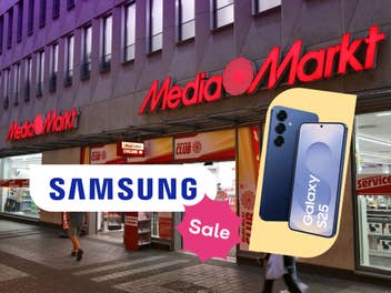 MediaMarkt-Store im Hintergrund, daneben der Verweis auf einen neuen Samsung-Sale mit dem Galaxy S25