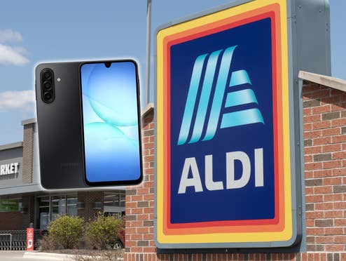 Samsung-Handy neben einem Aldi-Logo