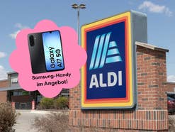 Aldi-Logo vor einer Aldi-Filiale, daneben das Samsung Galaxy A17