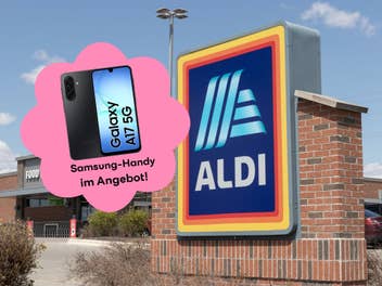 Aldi-Logo vor einer Aldi-Filiale, daneben das Samsung Galaxy A17