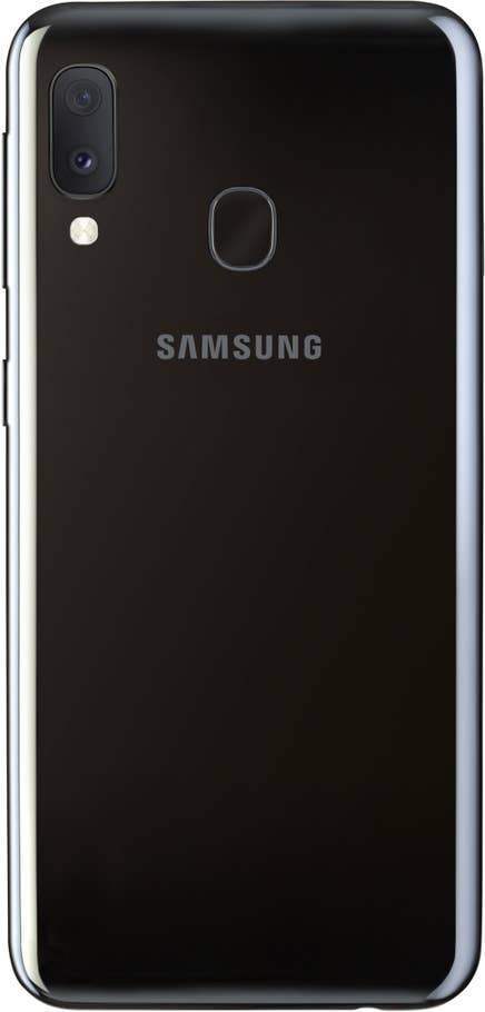 Das Samsung Galaxy A20e in Schwarz in der Rückansicht.