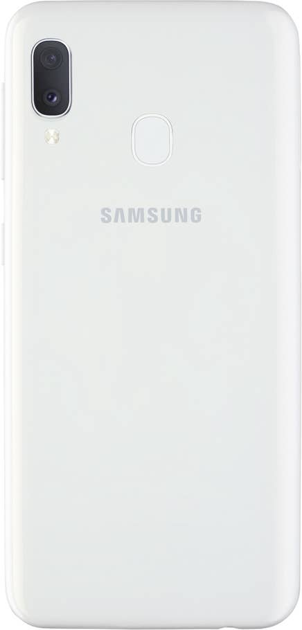 Das Samsung Galaxy A20e in Weiß in der Rückansicht.