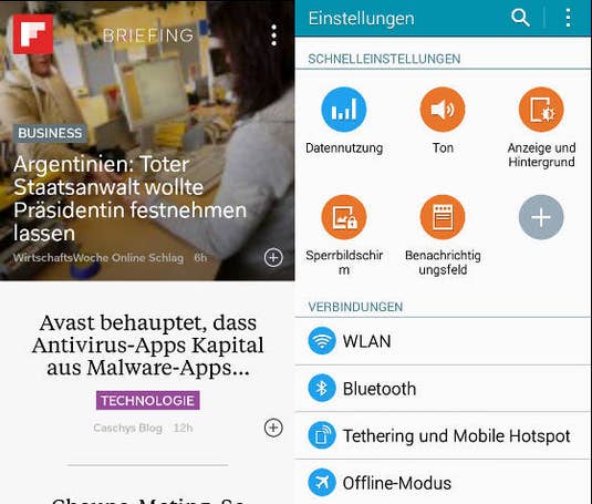 Samsung Galaxy A3 Briefing-App und Einstellungsmenü