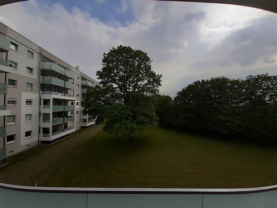 Weitwinkelbild der Wohnsiedlung mit Baum in der Mitte