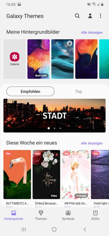 Ein Screenshot der Galaxy Themes vom Samsung Galaxy A50. Ein Screenshot der Galaxy Themes vom Samsung Galaxy A50.