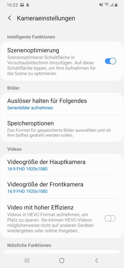 Die Kamera-Einstellungen des Samsung Galaxy A50. Die Kamera-Einstellungen des Samsung Galaxy A50.