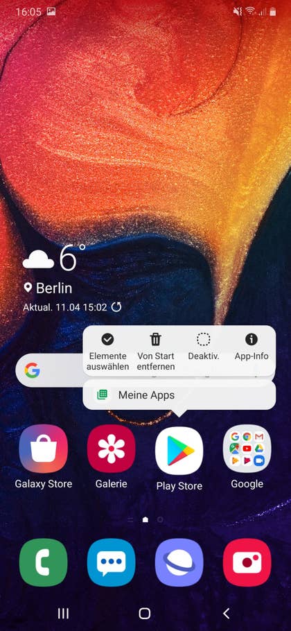 Ein Klick auf die App-Icons öffnet weitere Einstellungen. Ein Screenshot des Homescreens vom Samsung Galaxy A50.