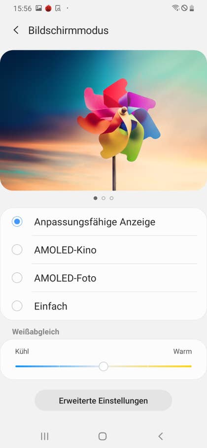 Diese Display-Modi lassen sich auswählen. Ein Screenshot des Einstellungs-Menüs vom Samsung Galaxy A50.