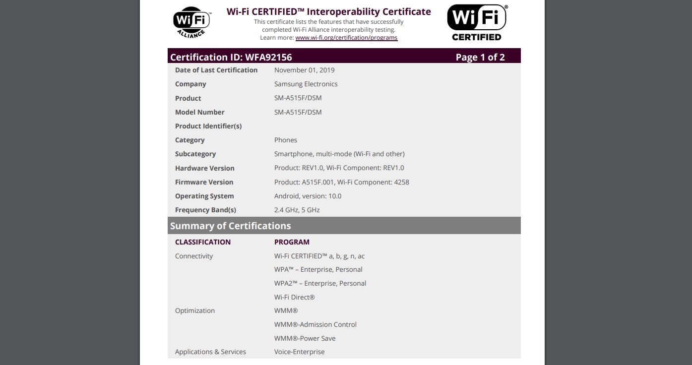 Wi-Fi Alliance: Samsung Galaxy A51