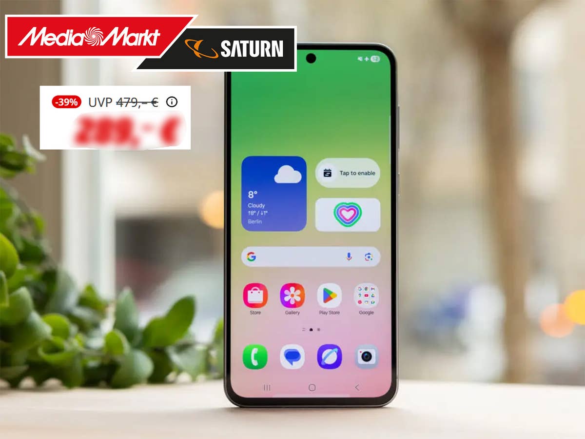Samsung Galaxy A56 Frontansicht mit MediaMarkt-Schriftzug und Angebotspreis-Einblendung