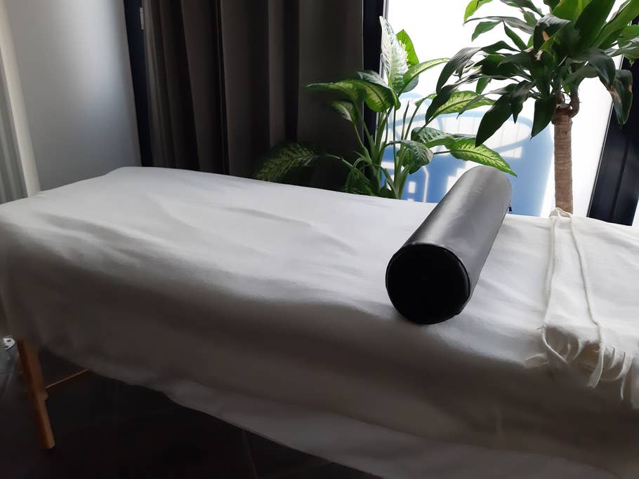 Massage-Liege und Topfflanzen vor Fenster