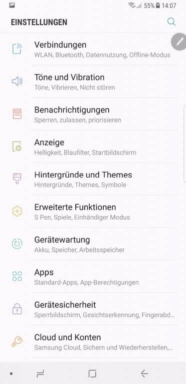 Samsung Galaxy Note 8 - Menüs und Einstellungen