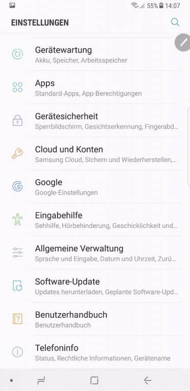 Samsung Galaxy Note 8 - Menüs und Einstellungen
