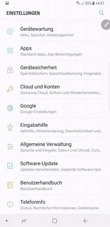 Samsung Galaxy Note 8 - Menüs und Einstellungen