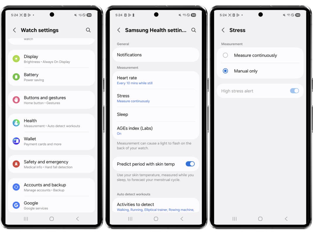 Drei Smartphone-Screenshots, die zeigen, wie man die Stressmessung einer Samsung-Smartwatch auf manuell stellt.