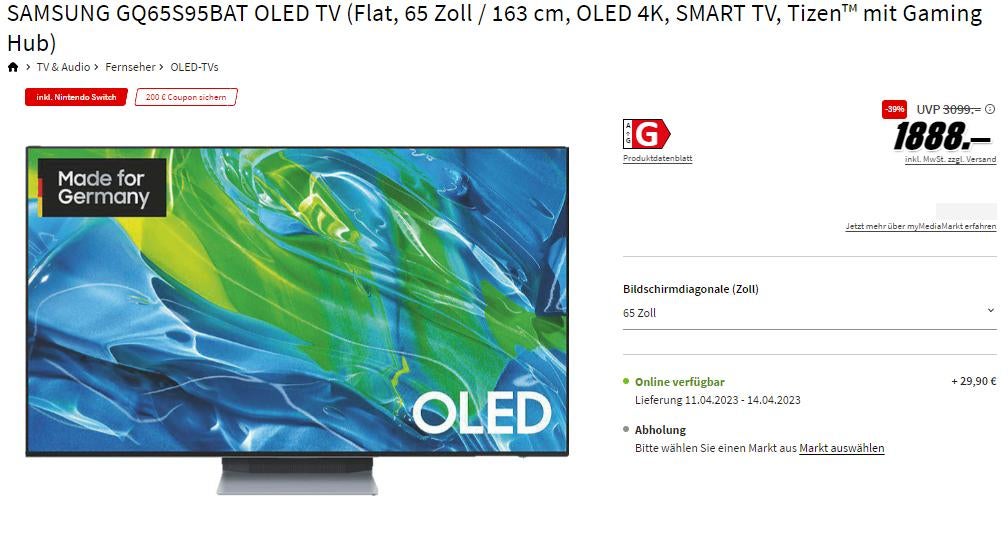 Samsung OLED TV mit Gratis-Switch und 200-Euro-Coupon bei MediaMarkt