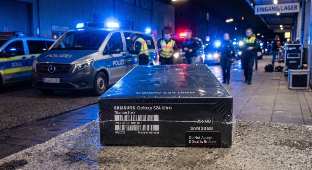Samsung-Smartphone in Originalverpackung bei einem Polizeieinsatz.