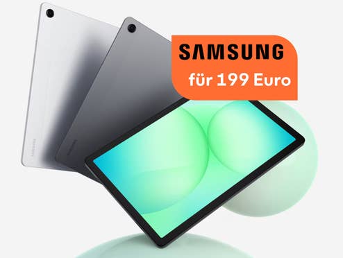 Samsung Galaxy Tab A11+ in verschiedenen Farben, daneben der Hinweis, dass es das Tablet jetzt für 199 Euro gibt