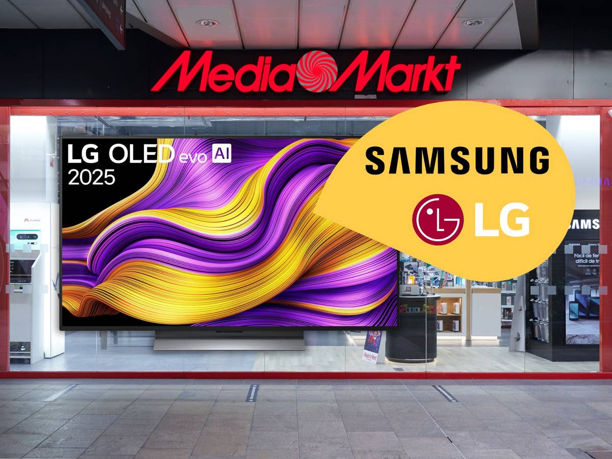 MediaMarkt-Store im Hintergrund, vorn ein LG OLED-Fernseher sowie die Logos von LG und Samsung