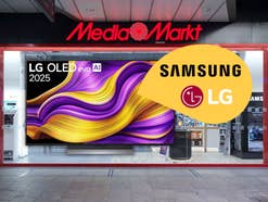 MediaMarkt-Store im Hintergrund, vorn ein LG OLED-Fernseher sowie die Logos von LG und Samsung