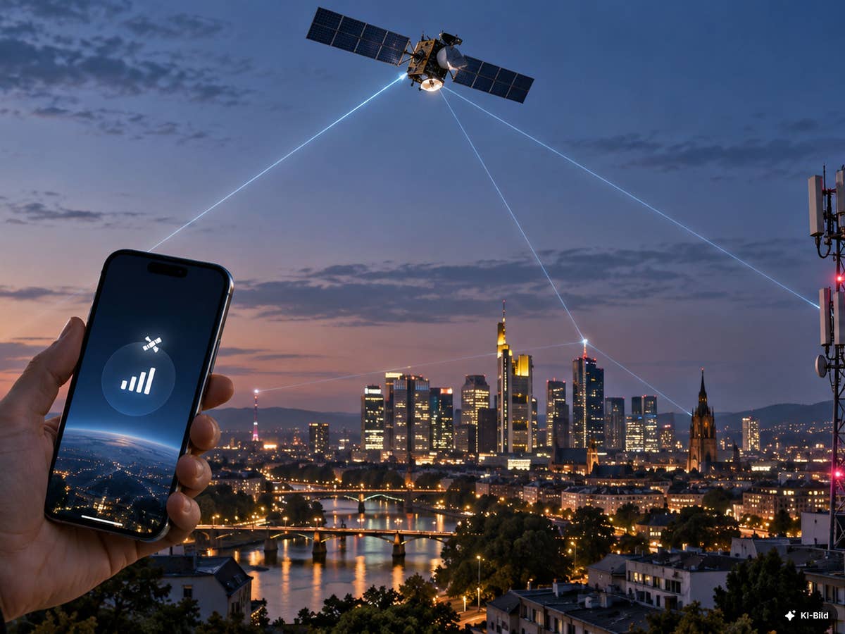 Telekom, Vodafone und O2 wollen mit Orange bei Satelliten-Frequenzen zusammenarbeiten Ein stilisiertes Bild, das ein Handy zeigt, das per Satellit kommuniziert