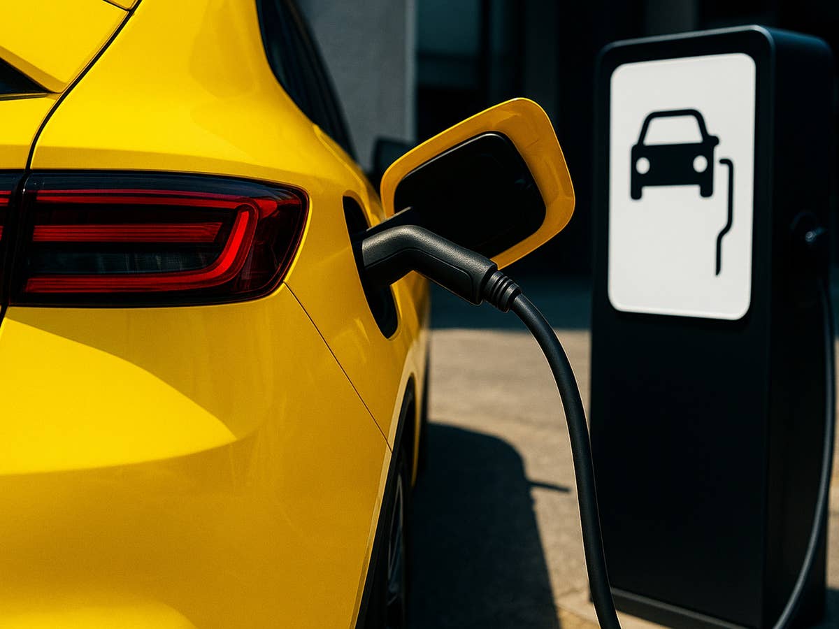 Gelbe E-Auto steht an einer Ladesäule.