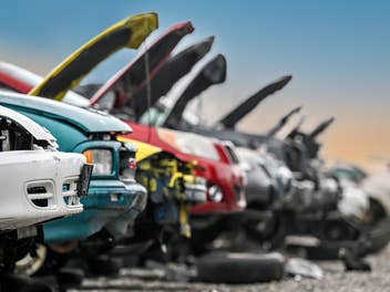 Schrottautos mit geöffneten Motorhauben.