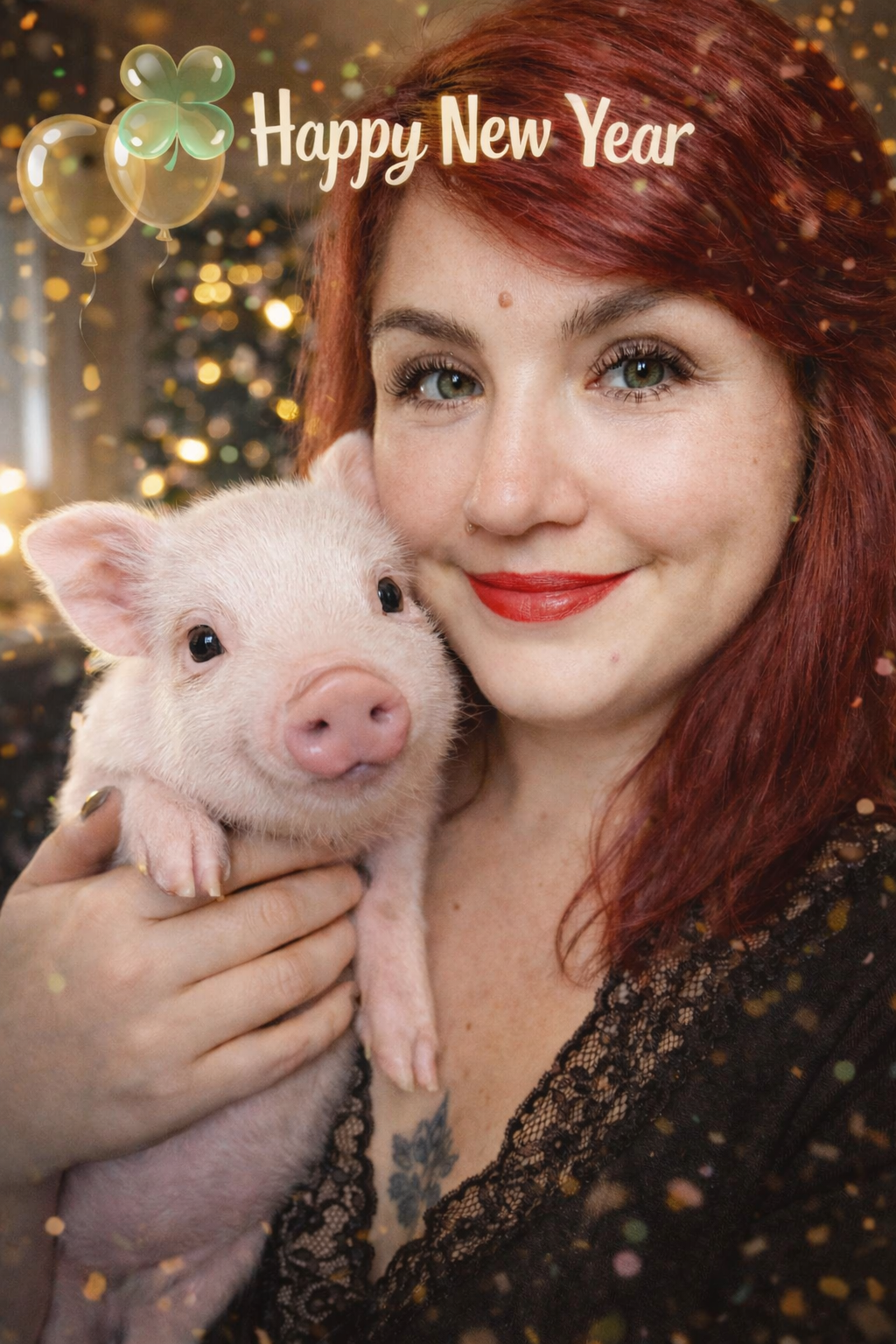 Frau mit einem Schweinchen auf dem Arm