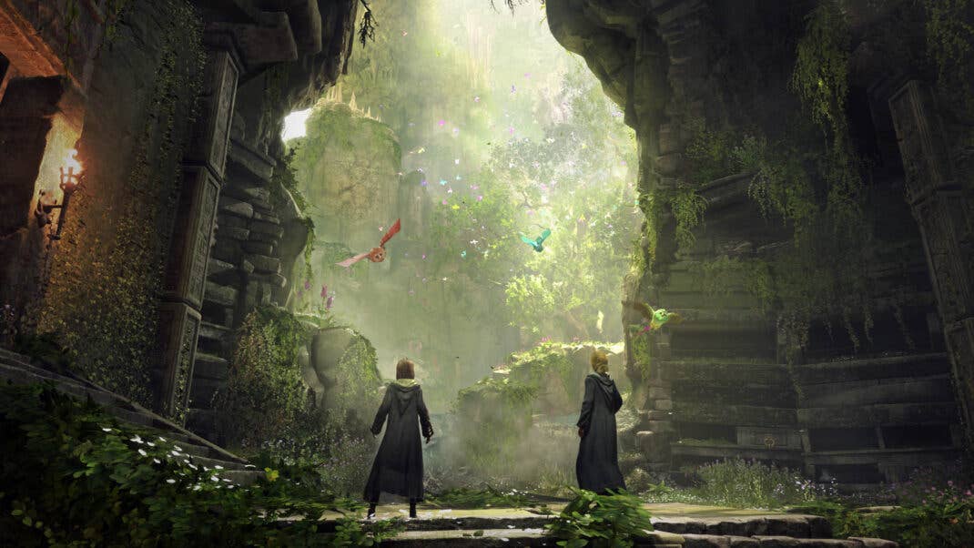 Zwei Hexen stehen vor einer verlassenen Ruine in "Hogwarts Legacy".