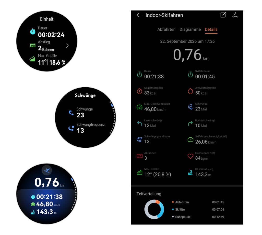 Screenshots des Indoor-Ski-Modus in der Huawei Health App (rechts) und von der Watch GT 7 pro (links)