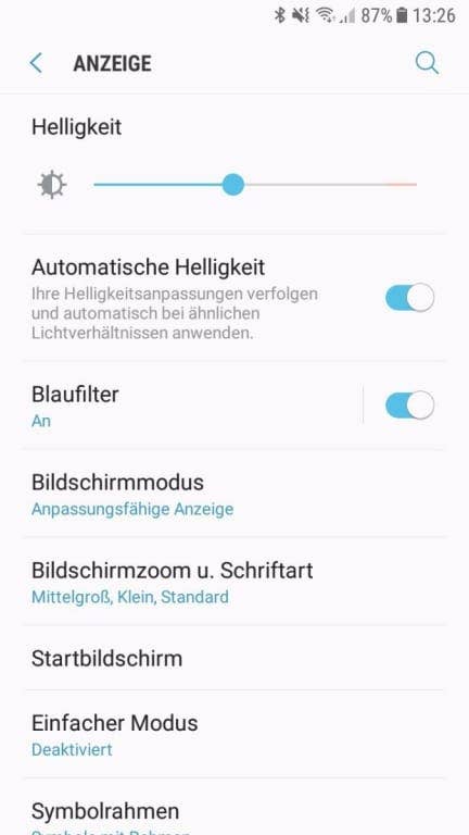 Screenshots der Display-Einstellungen des Samsung Galaxy J5 (2017) DUOS