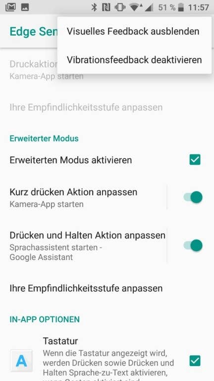 Screenshots der Edge-Sense-Funktion