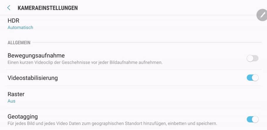 Screenshots der Kamera-App des Galaxy Note 8