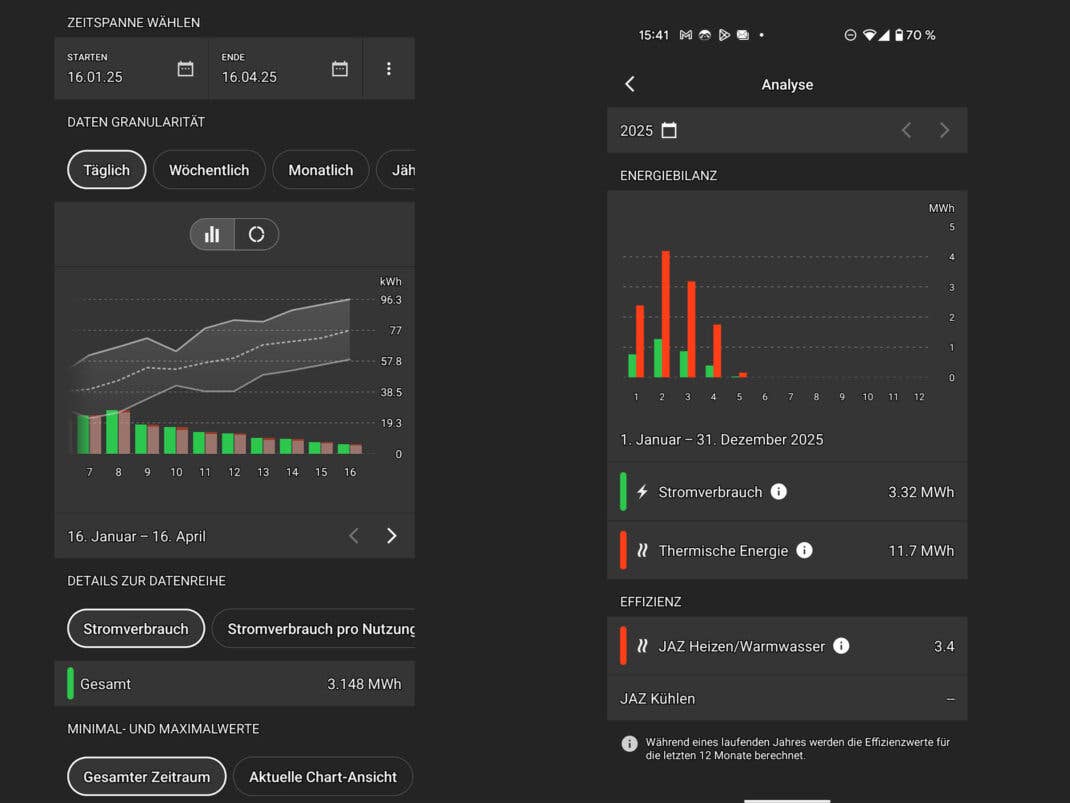 Screenshots der ViCare App 3-Monatsbilanz und Jahresauswertung