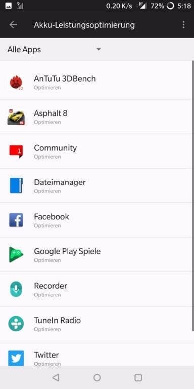 Screenshots des Akkutests des OnePlus 5T