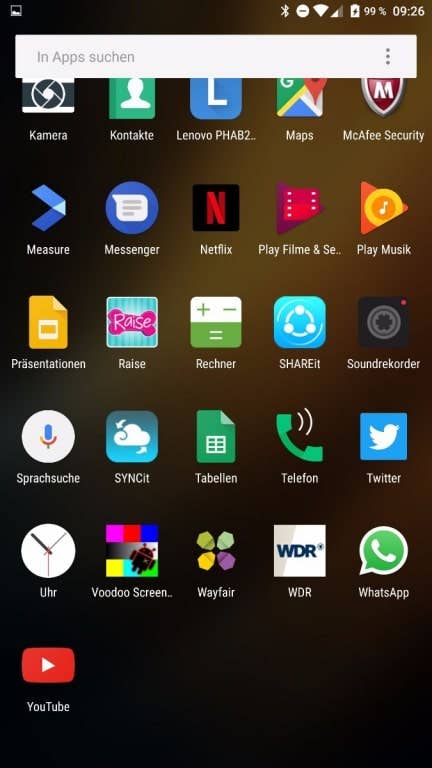 Screenshots des Menüs und der Einstellungen des Lenovo Phab 2 Pro