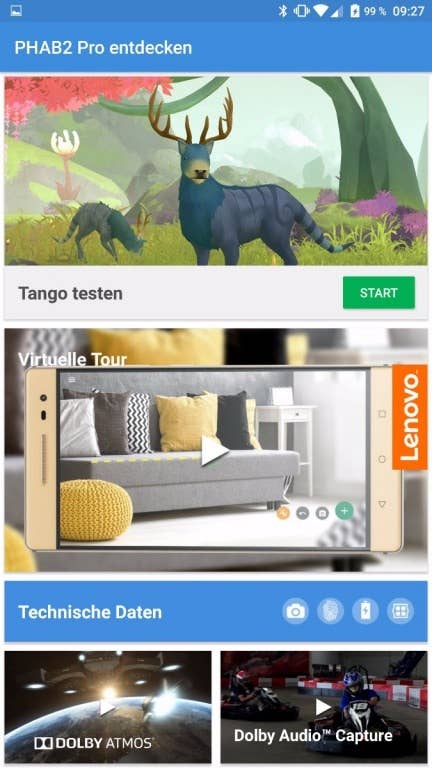 Screenshots des Menüs und der Einstellungen des Lenovo Phab 2 Pro