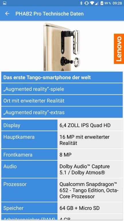 Screenshots des Menüs und der Einstellungen des Lenovo Phab 2 Pro